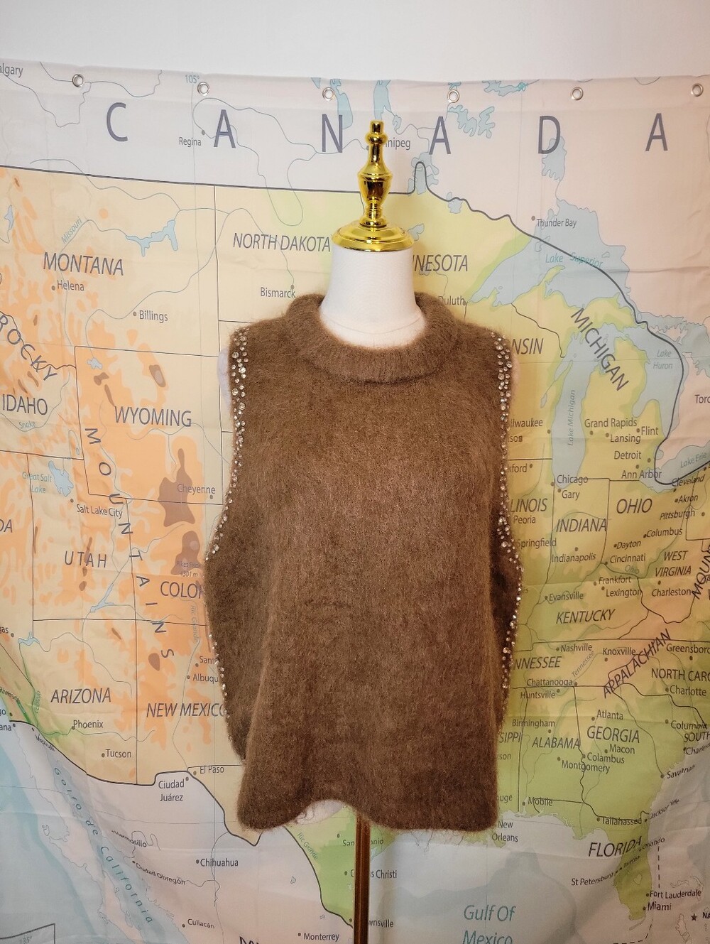 H&M Edition Soft Brown Sleeveless Mohair Sweater with Rhinestone Trim